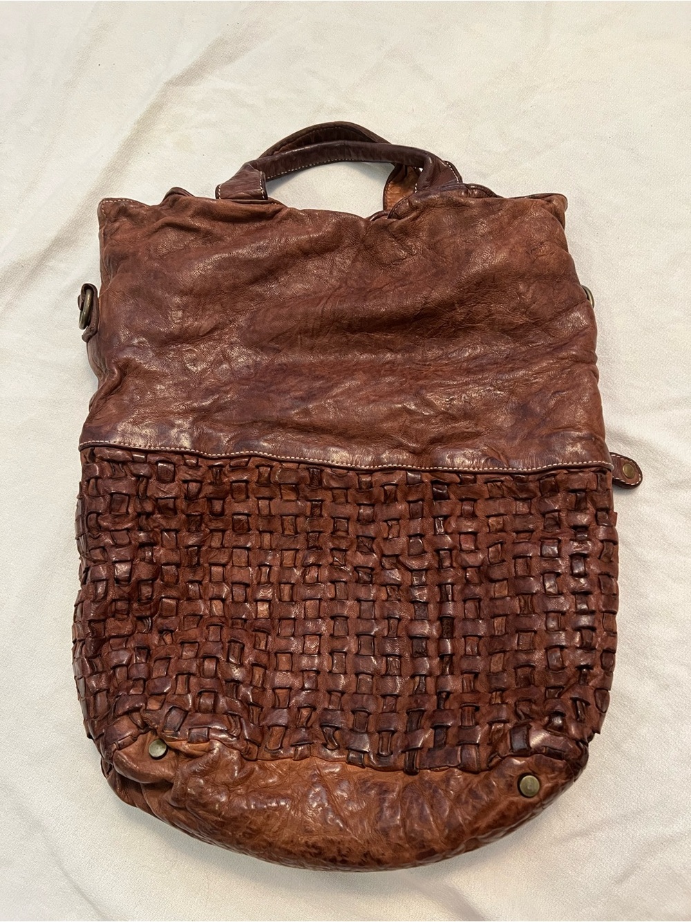 Langellotti Made In Italy Brown Woven Leather Oversized Boho Distressed Tote/Bag